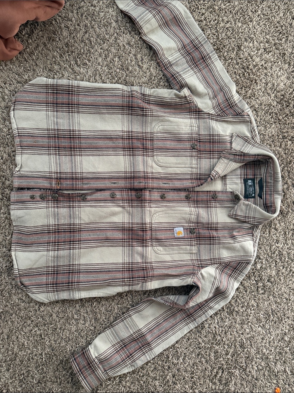 LIKE NEW ! Carhartt Wms Cream Plaid Button-Front Work Shirt with Brown Stripes